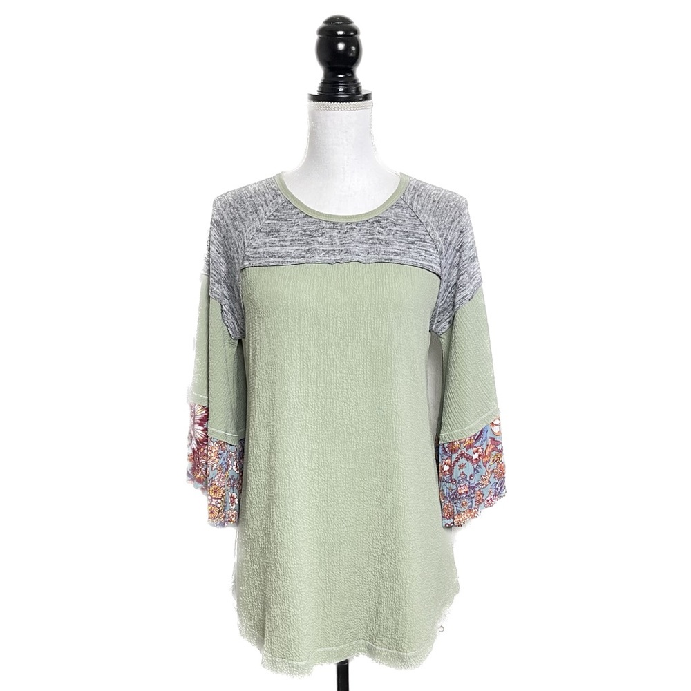 Calessa S Mixed Media Floral Embellished Sleeve Color Block Casual Blouse Green